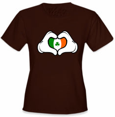 Cartoon Heart Hands Irish Flag Girl's T-Shirt Brown