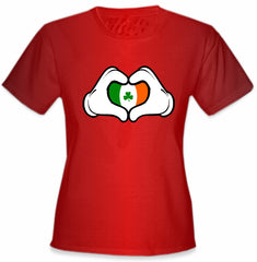 Cartoon Heart Hands Irish Flag Girl's T-Shirt Red