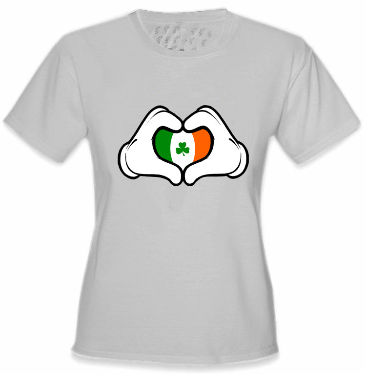 Cartoon Heart Hands Irish Flag Girl's T-Shirt Light Grey