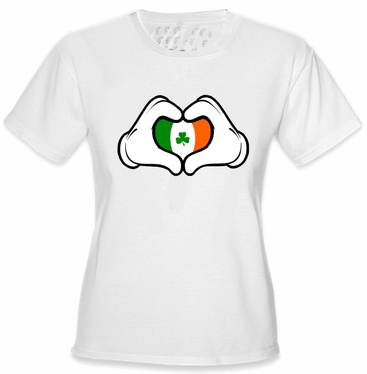Cartoon Heart Hands Irish Flag Girl's T-Shirt White