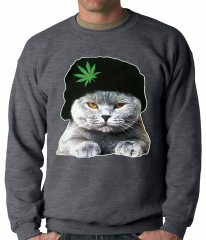 Cat Wearing Pot Leaf Hat Adult Crewneck