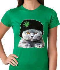 Cat Wearing Pot Leaf Hat Ladies T-shirt