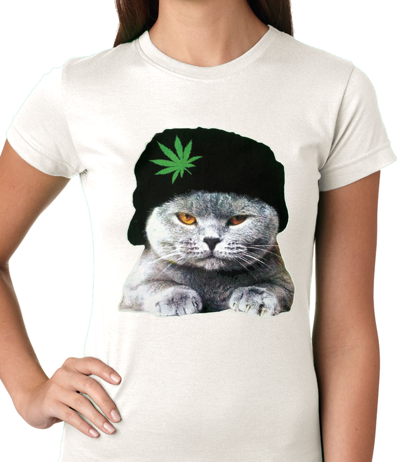 Cat Wearing Pot Leaf Hat Ladies T-shirt