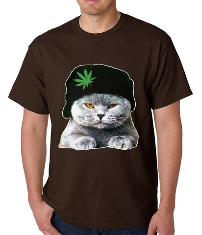 Cat Wearing Pot Leaf Hat Mens T-shirt