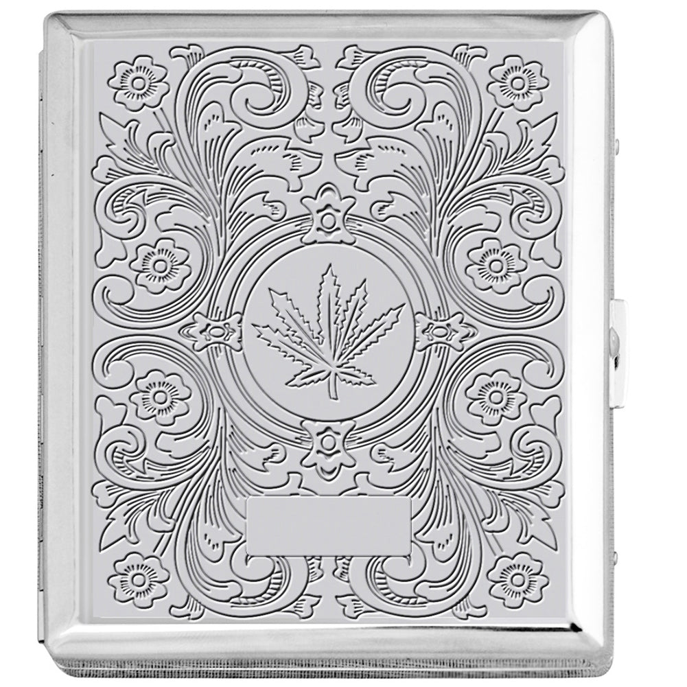Chrome Cigarette Case with Pot Leaf Pattern for Regular Size Cigarettes