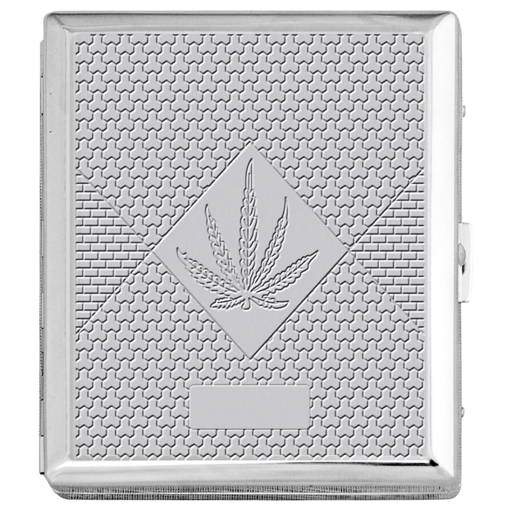 Chrome Cigarette Case with Pot Leaf Pattern for Regular Size Cigarettes