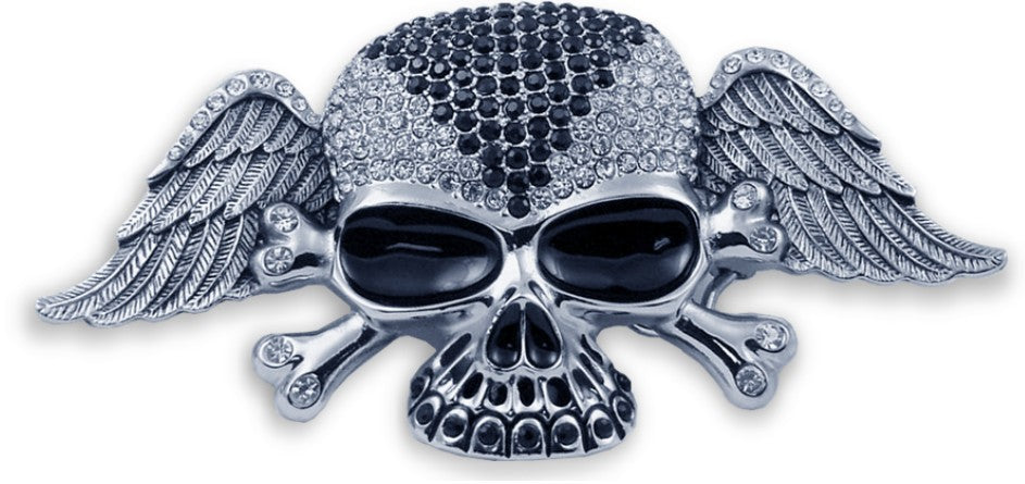 Designer Winged Rhinestone Skull Buckle With FREE Belt