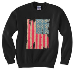 Faded and Distressed American Flag with Hot Pink Stripes Crew Neck Sweatshirt