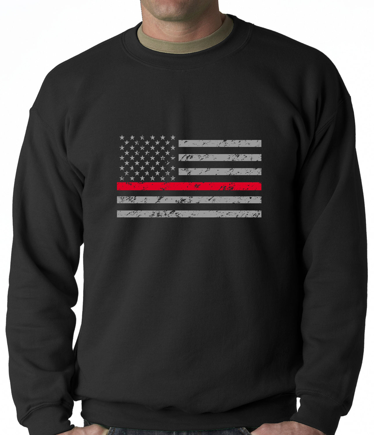 Firefighter Thin Red Line American Flag - Support Firefighter Department Horizontal Adult Crewneck