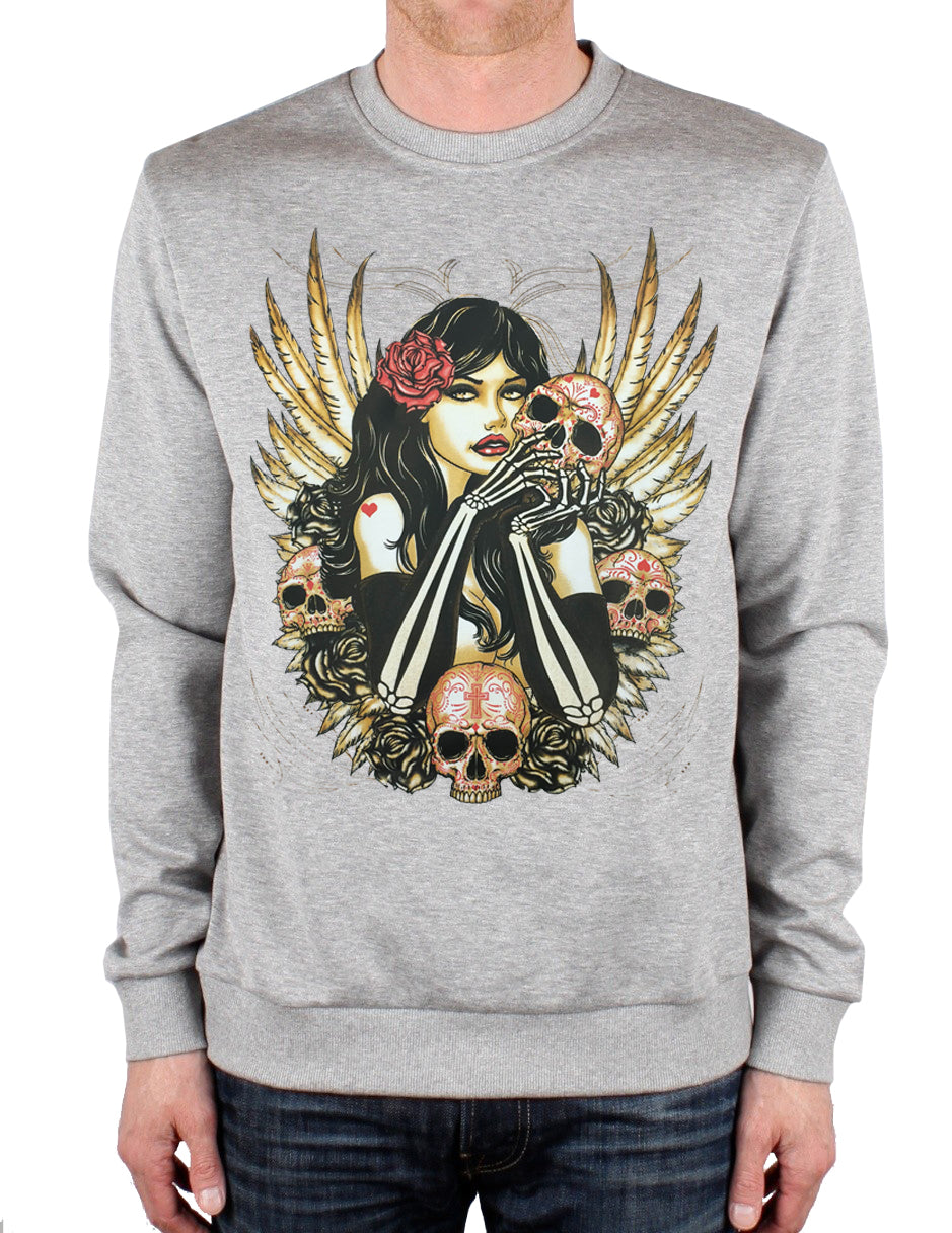 Girl with Skulls and Feather Wings Crew Neck Sweatshirt