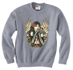 Girl with Skulls and Feather Wings Crew Neck Sweatshirt