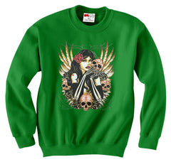 Girl with Skulls and Feather Wings Crew Neck Sweatshirt