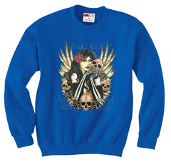 Girl with Skulls and Feather Wings Crew Neck Sweatshirt