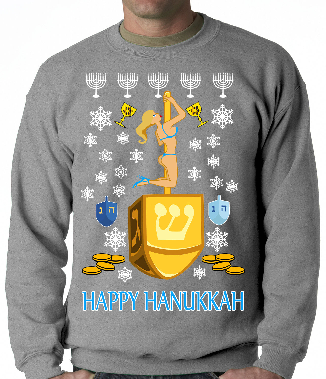 Happy Hanukkah Sexy Stripper on a Dreidel Ugly Crewneck Sweatshirt