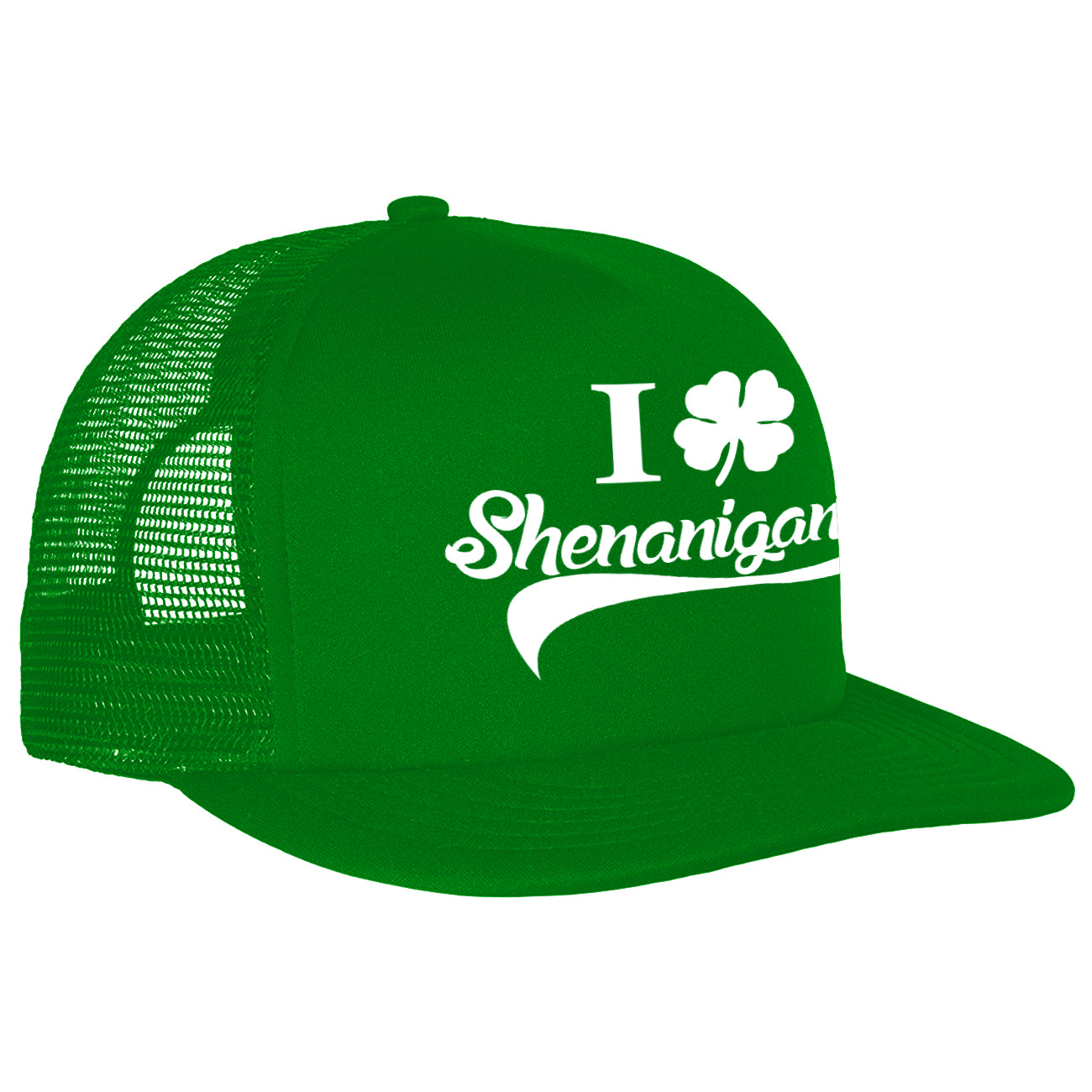 I Clover Shenanigans Funny St Patricks Day Trucker Hat (Kelly Green)
