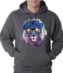 Lion Wearing Sunglasses Looking at a Zebra Adult Hoodie