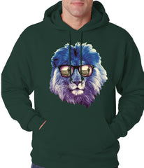 Lion Wearing Sunglasses Looking at a Zebra Adult Hoodie