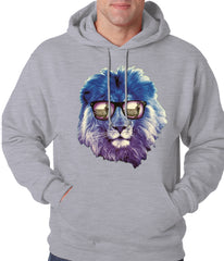 Lion Wearing Sunglasses Looking at a Zebra Adult Hoodie