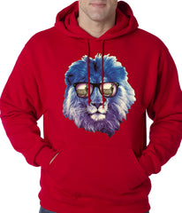 Lion Wearing Sunglasses Looking at a Zebra Adult Hoodie