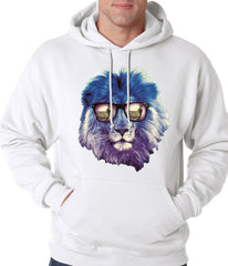Lion Wearing Sunglasses Looking at a Zebra Adult Hoodie