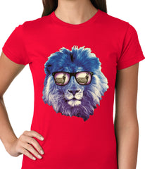 Lion Wearing Sunglasses Looking at a Zebra Ladies T-shirt