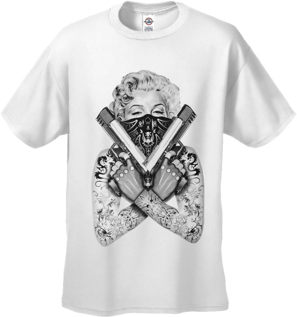 Hanes Men's Marilyn Monroe Gangster T-Shirt - Guns Tattoo Design - Black - Short Sleeve