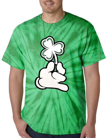 Mens Tie Dye Shirt with Cartoon Hand Holding Shamrock