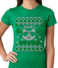 Meowy Christmas - “Cool Cat with Glasses” Ugly Christmas Ladies T-shirt