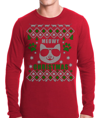 Meowy Christmas - “Cool Cat with Glasses” Ugly Christmas Thermal Shirt