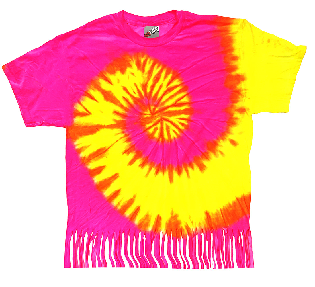 Neon Yellow and Pink Tie Dye Fringe Ladies T-shirt