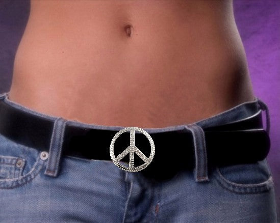 Peace Sign Rhinestone Belt Buckle With FREE Leather Belt