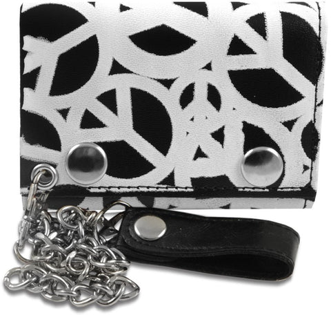 Peace Signs All Over Genuine Leather Chain Wallet 