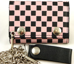 Pink Checkerboard Genuine Leather Chain Wallet