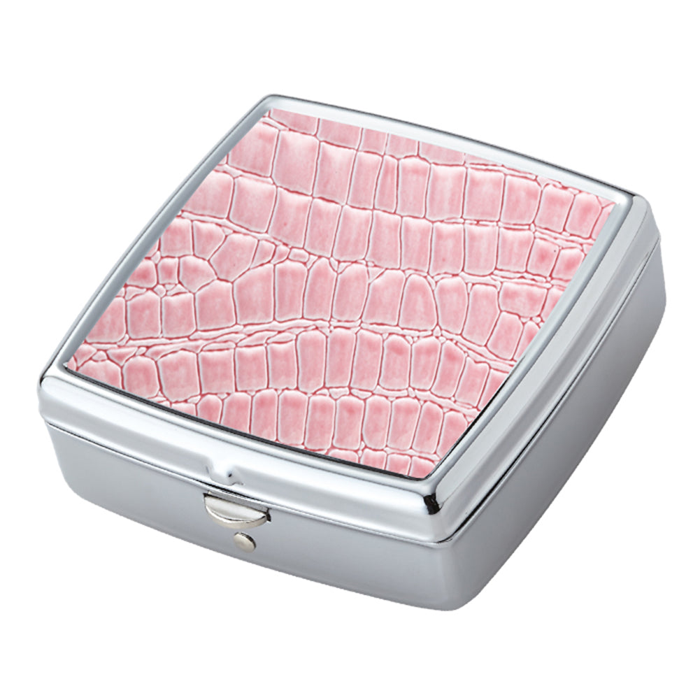 Pink Croc Pattern Iron Chrome Plated Square Shaped 2 Compartment Pill Box