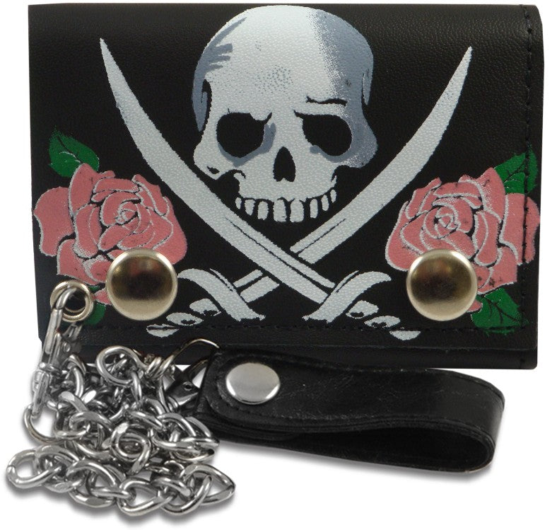 Pink Rose Jolly Roger Genuine Leather Chain Wallet 