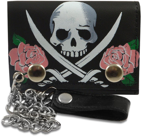 Pink Rose Jolly Roger Genuine Leather Chain Wallet