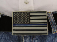 Police Thin Blue Line American Flag Belt Buckle with Leather Belt
