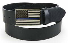 Police Thin Blue Line American Flag Belt Buckle with Leather Belt