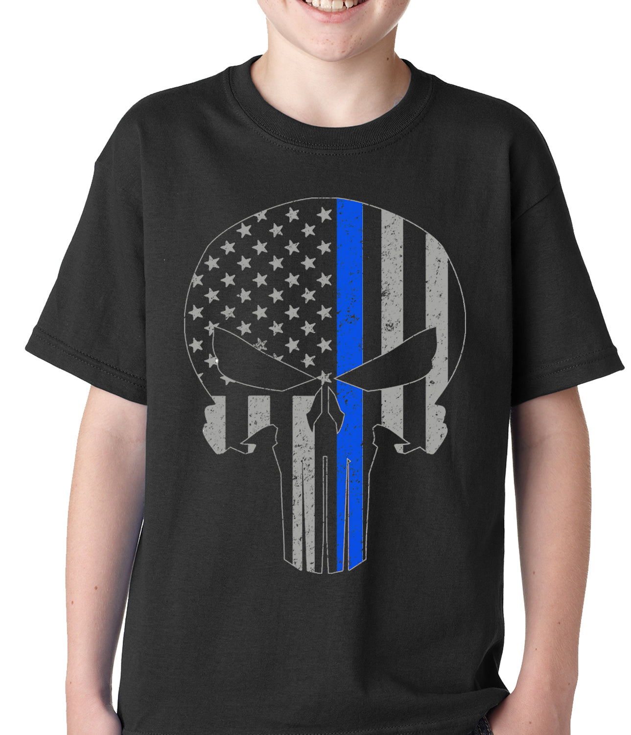 Police Thin Blue Line Skull American Flag - Support Police Department Kids T-shirt