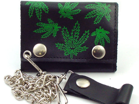 Pot Leaf Genuine Leather Chain Wallet