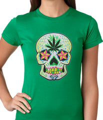 Pot Leaf Sugar Skull Ladies T-shirt