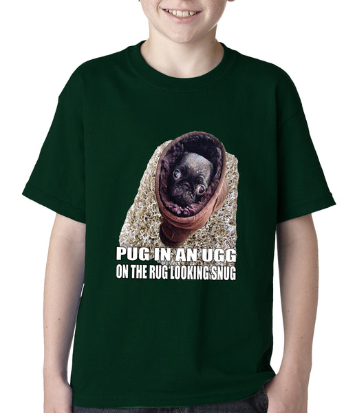 Pug In An Ugg On a Rug Looking Snug Kids T-shirt –