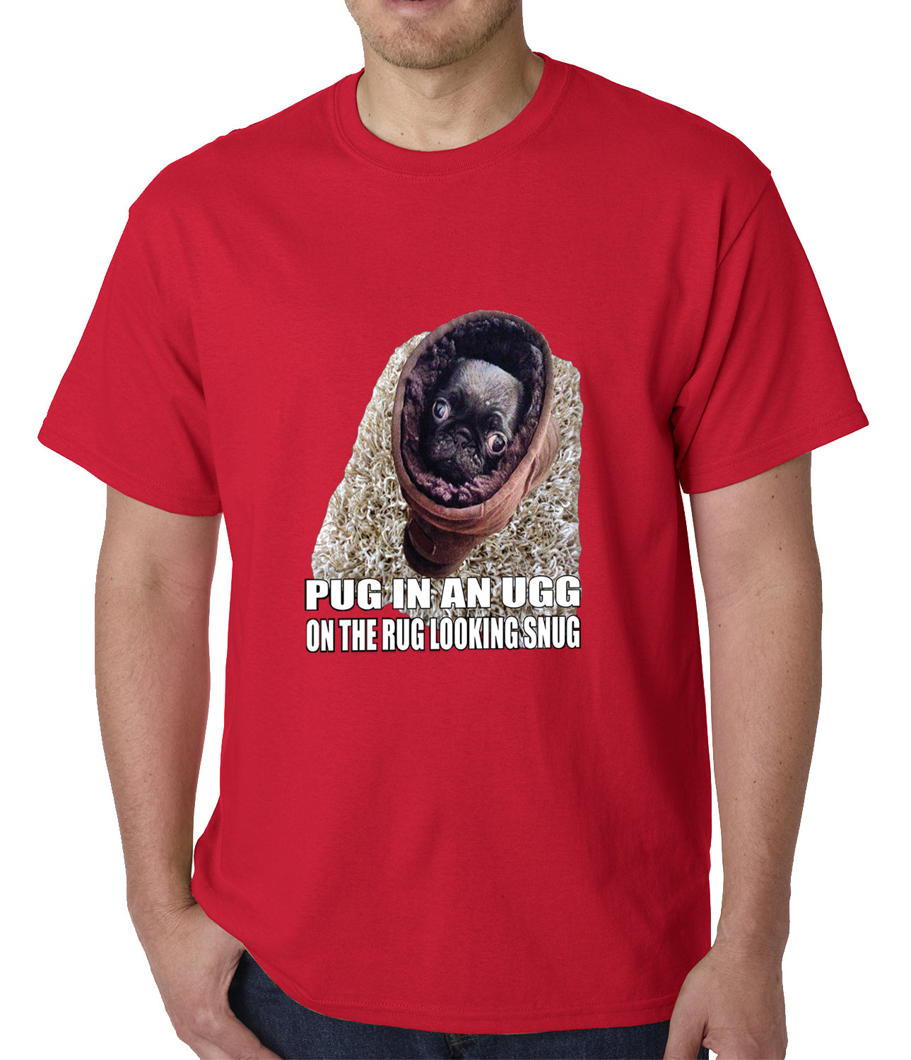 Pug In An Ugg On a Rug Looking Snug Mens T-shirt