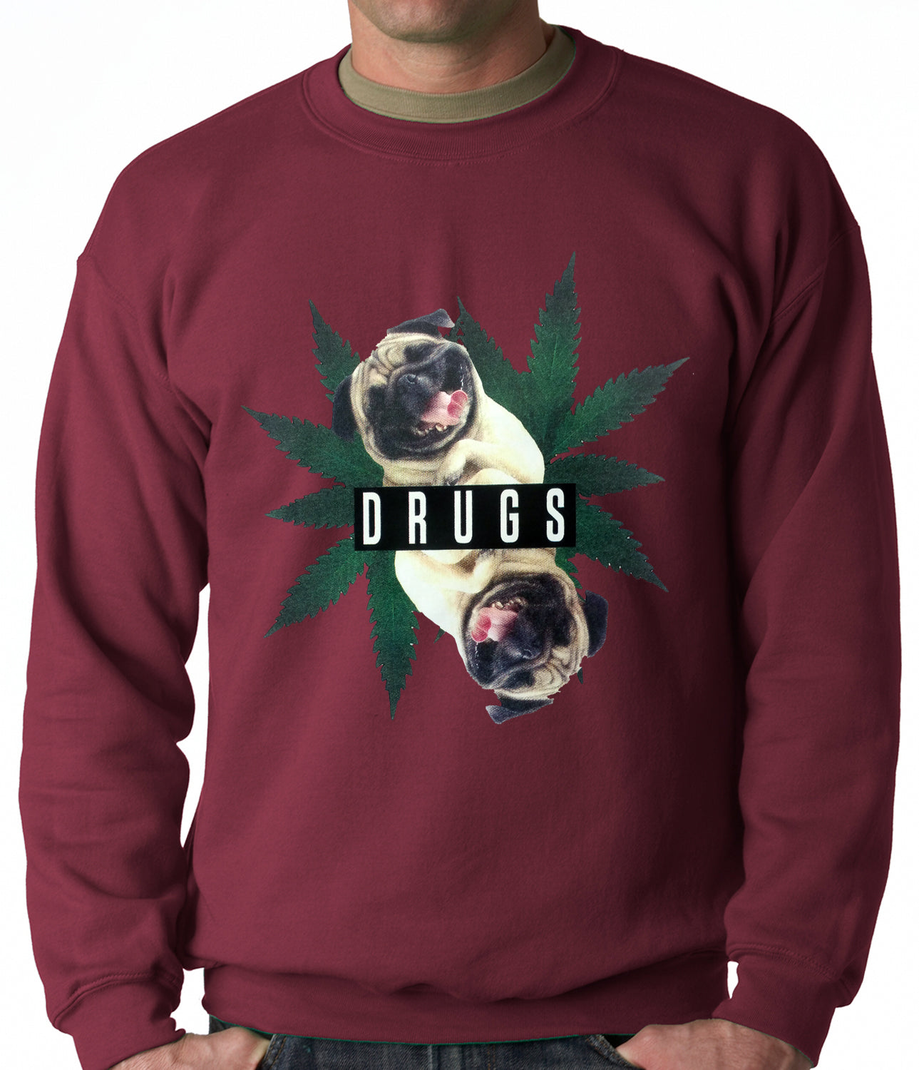 Pugs and Drugs Pot Leaf Adult Crewneck