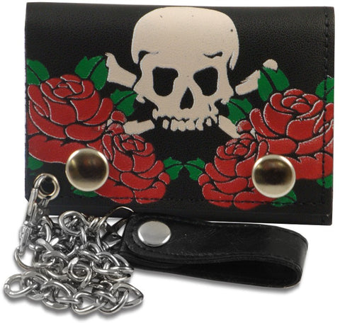 Red Rose Skull & Cross Bones Genuine Leather Chain Wallet 