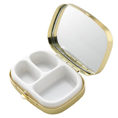 Shiny Gold Ribbed Cover with 3 Compartment Pill Box & Mirror