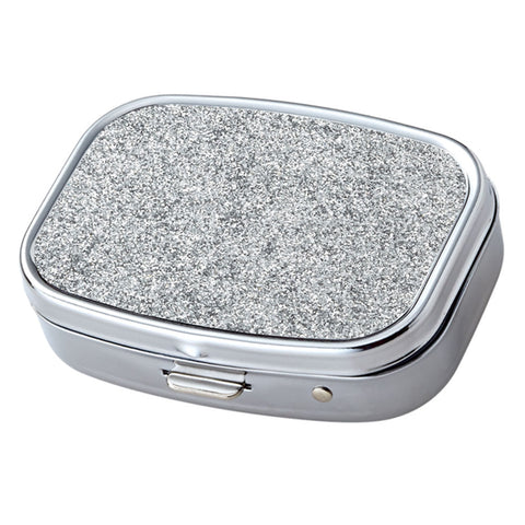 Silver Glitter Pattern with Mirror Iron Chrome Plated Rectangular 2 Compartment Pill Box