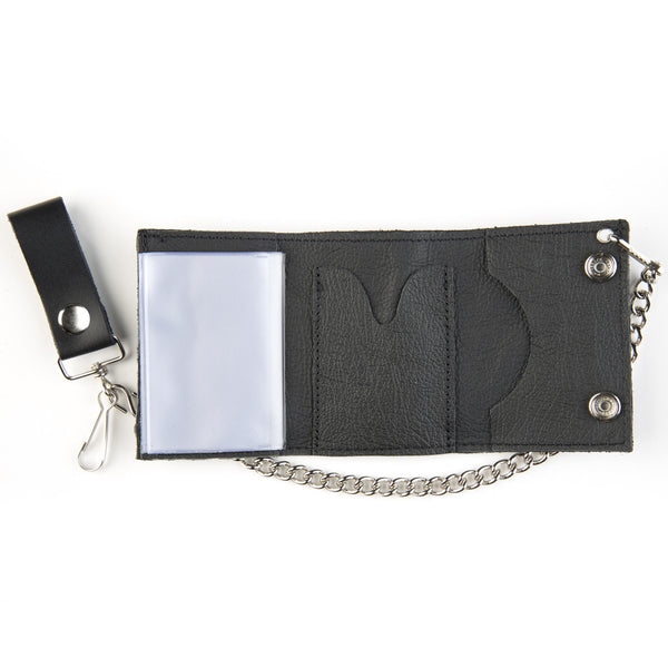 Skull and Sword Black Leather Tri-Fold Wallet with 12 Inch Chain –