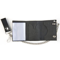 Skull and Sword Black Leather Tri-Fold Wallet with 12 Inch Chain