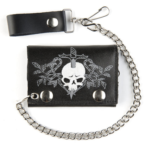 Skull and Sword Black Leather Tri-Fold Wallet with 12 Inch Chain